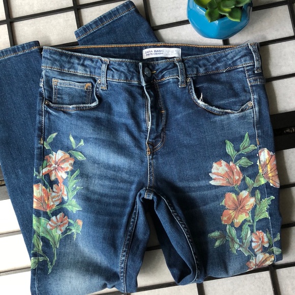 Zara Denim - Zara. Painted Floral Skinny Jeans